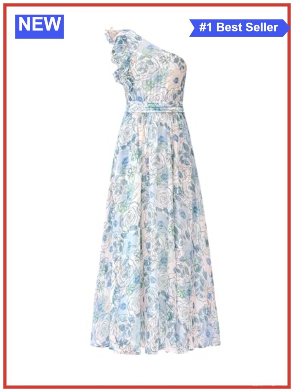 Women One Shoulder Floral Maxi Dress Smocked Back Ruffle Cap Sleeve Pockets